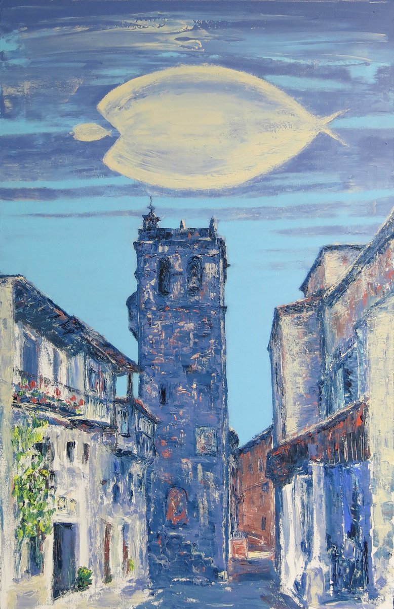 Surrealistic Cityscapes Acrylic Painting By Denys Kuvaiev, 26 X 39, Fish Swim In The City Of Mogarraz, Spain, Original Artwork