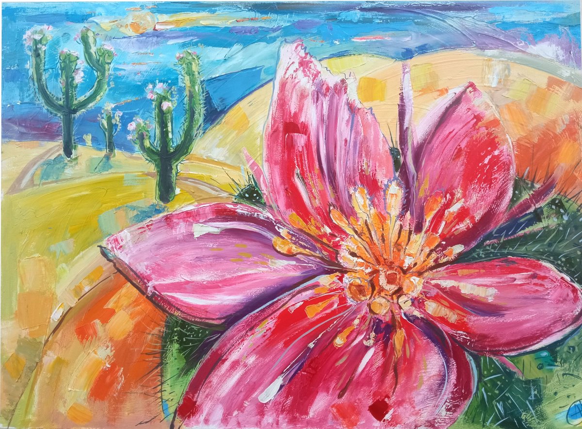 Impressionistic Landscape Oil Painting By Alina Skorokhod, 28 X 20, Desert Vibe Cacty Flowers, Original Artwork