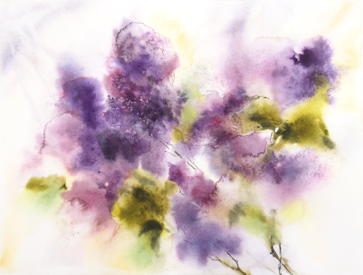 Lilac. Lilac bouquet. Loose flowers watercolor painting by Olya Grigo