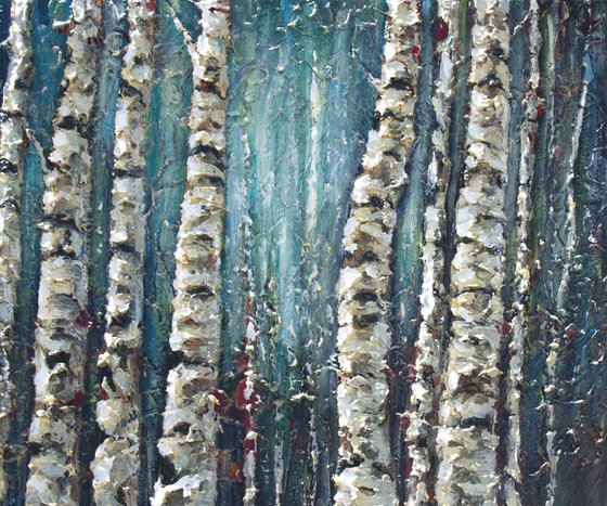 Birch Trees in Mist: An Impasto Canvas Journey