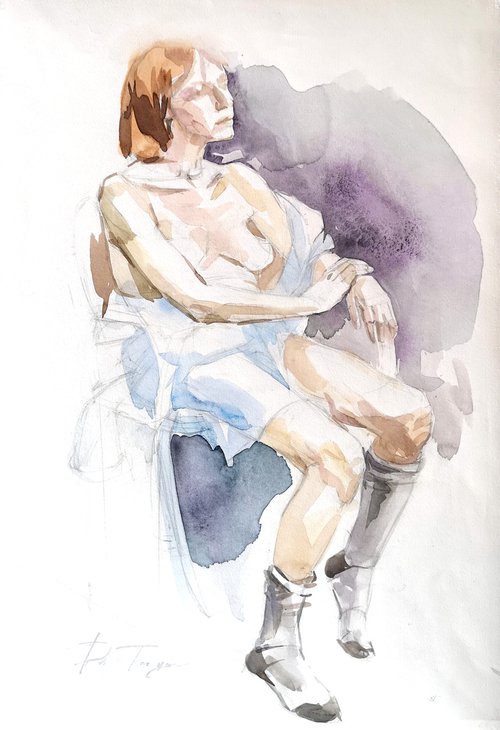 Woman's nude sitting with blue fabric by Darya Tsaptsyna