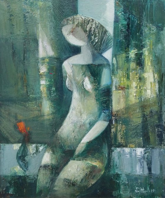 Near the curtain 46x56cm ,oil/paper, abstract portrait