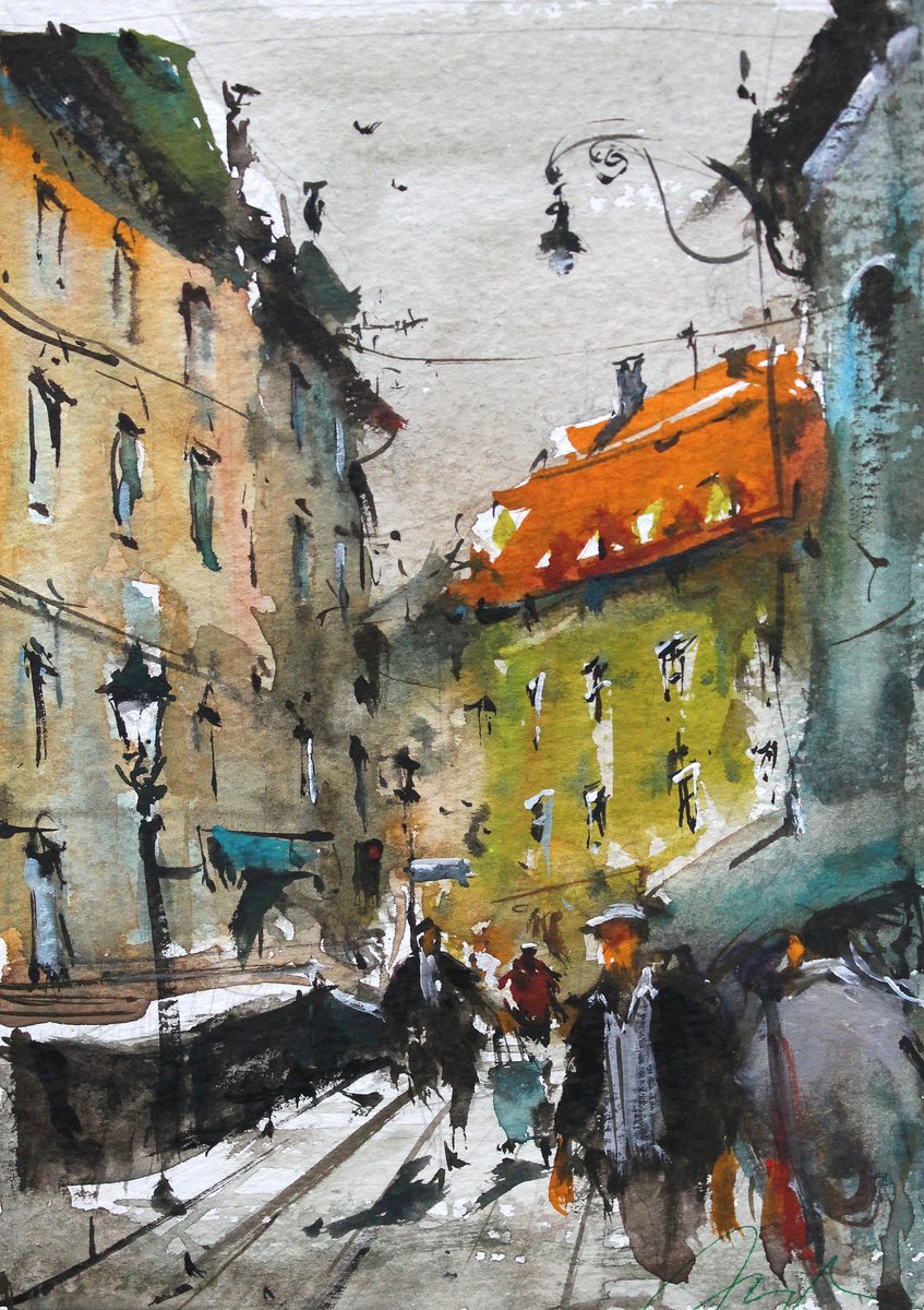 Impressionistic Cityscapes Watercolour By Maximo Damico, 2 X 3", Prague Stairs, Original Artwork