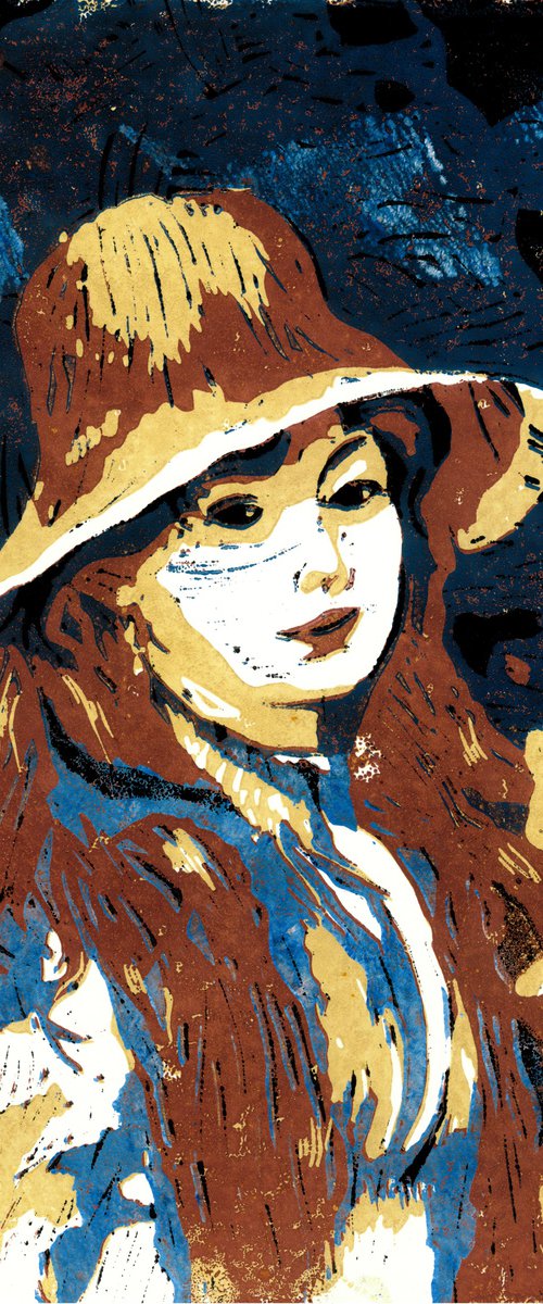 Girl with straw hat - Linoprint inspired by Renoir by Reimaennchen - Christian Reimann