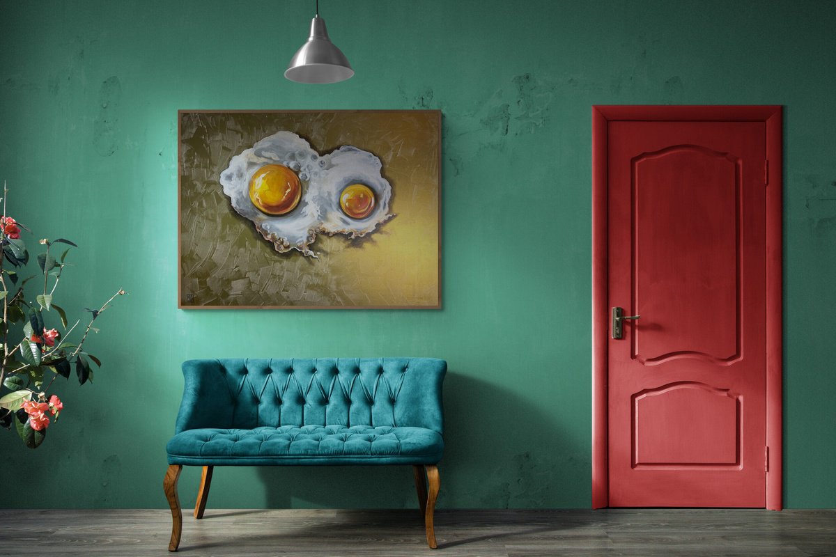 Expressive Still Life Acrylic Painting By Maria Kireev, 47 X 35", Golden Eggs, Original Artwork