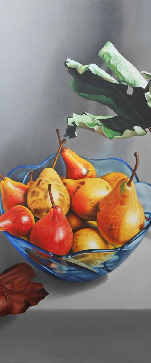 Still Life with a Blue Glass Bowl of Pears and Autumn Leaves by Alexander Titorenkov