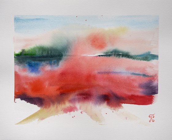 Abstract landscape painting, original watercolor painting, abstract red wall art