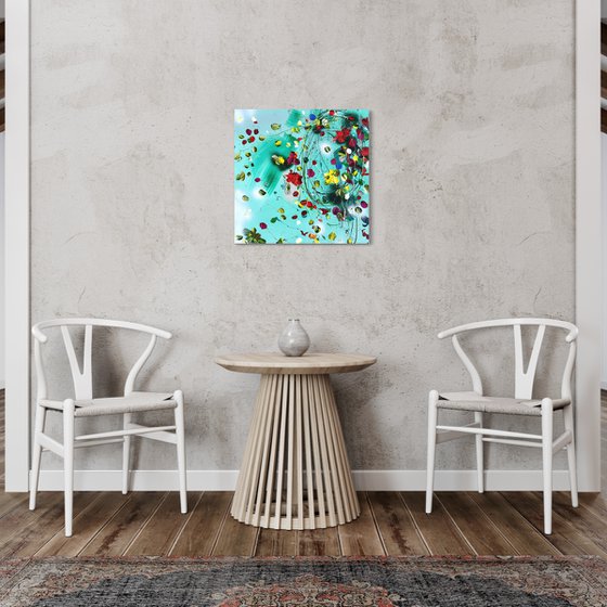 Structure impasto acrylic painting with abstract flowers 60x60cm "Floral Fusion"