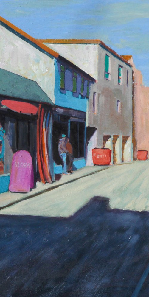 Cat walking past surf shop by Joe Mcdonald