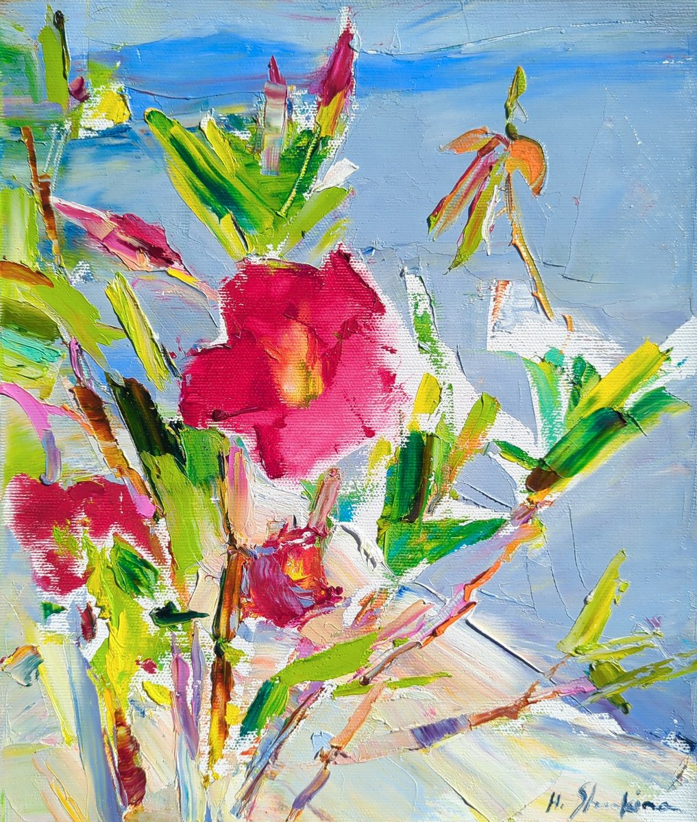 Impressionistic Landscape Oil Painting By Helen Shukina, 10 X 12, Summer By The Adriatic Sea, Original Artwork