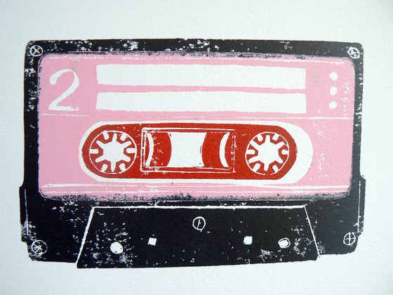 Linocut tapes #3 (cassette tapes, retro music, 70's, 80's rock culture)