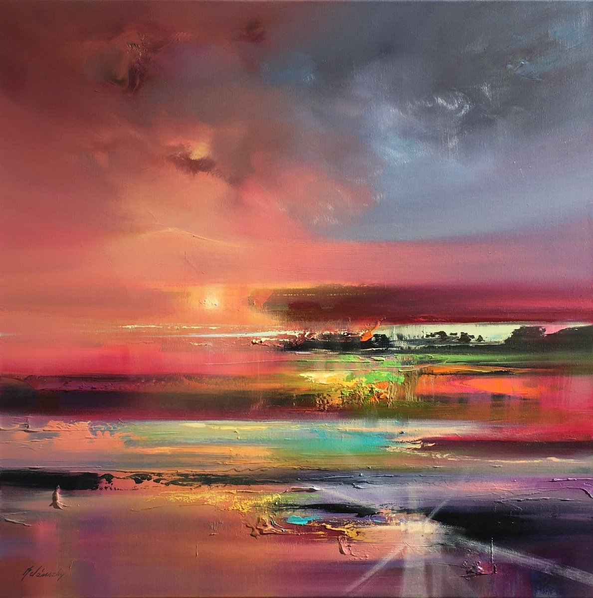 Impressionistic Landscape Oil Painting By Beata Belanszky Demko, 28 X 28, Shine Your Light, Original Artwork