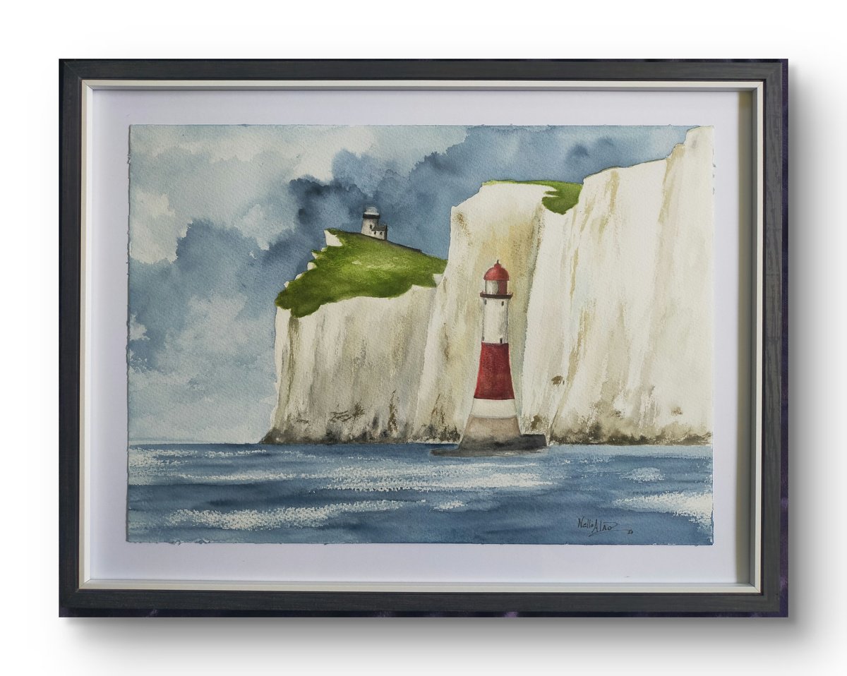 Illustrative Landscape Watercolour By Nella Alao, 17 X 13", Beachy Head Lighthouse, Original Artwork
