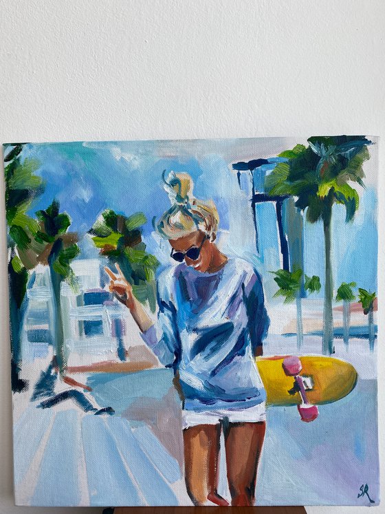 Summer Vibes - oil painting, original gift, summer, palm trees, skate, girl, city, blonde, office decor, home interior, wall art