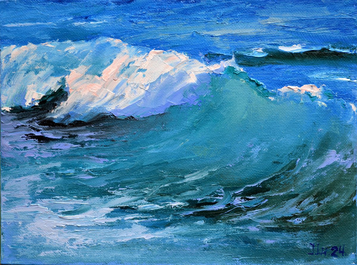 Expressive Landscape Oil Painting By Elena Lukina, 9 X 7, Fragment Of A Sea Wave, Original Artwork