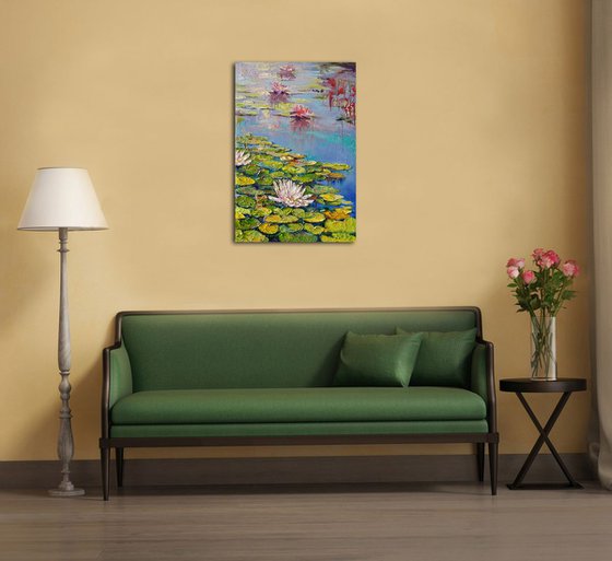 Water lilies - pond, lily, painting oil original impasto