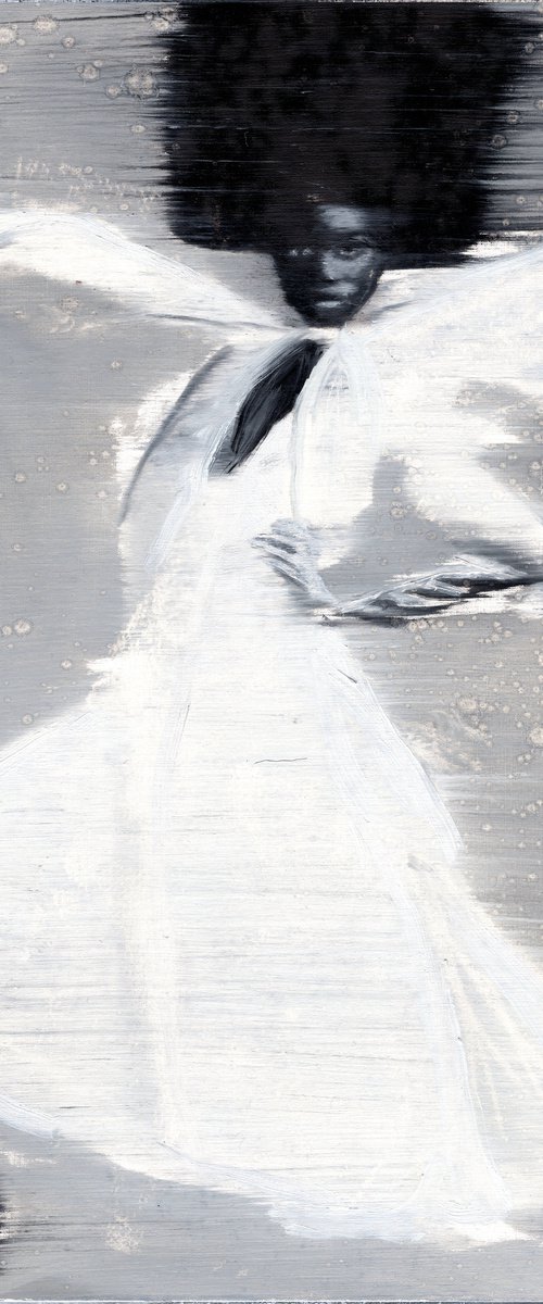 Akuola | Black and white dancing black woman | beautiful sexy fashion powerful lady woman | oil painting on paper by Renske Karlien Hercules