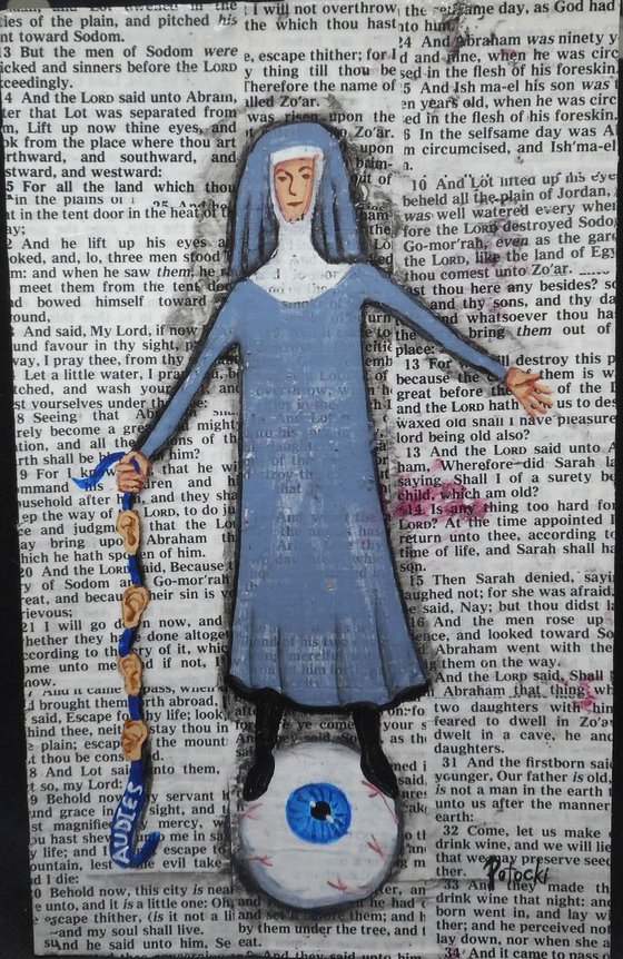 Nun Balancing on an Eyeball Holding a Ribbon of Ears original acrylic painting on Bible pages
