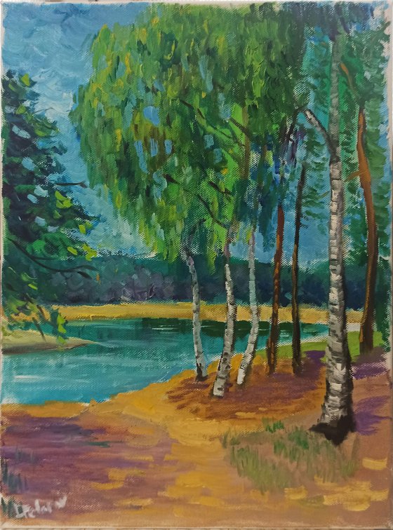 Birches by the lake. Pleinair