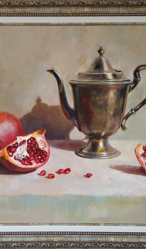 "English guest and pomegranates" still life teapot pomegranates liGHt original painting  GIFT (2020) by Anna Bessonova (Kotelnik)
