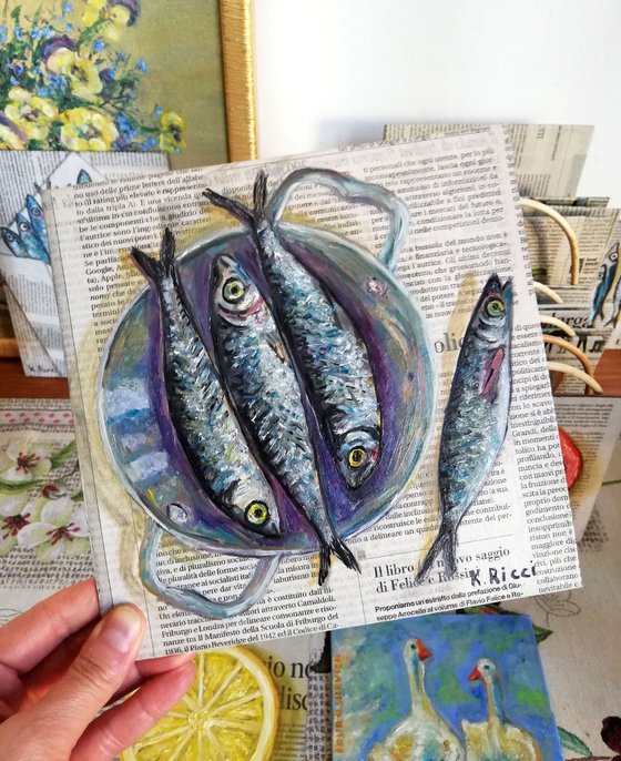 "Fishes in a Pan on Newspaper" Original Oil on Canvas Board Painting 8 by 8 inches (20x20 cm)