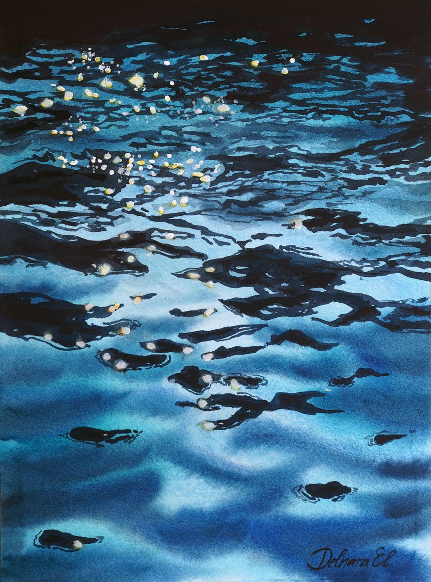 Impressionistic Landscape Watercolour By Delnara El, 12 X 16, Sea Reflection Waves, Original Artwork