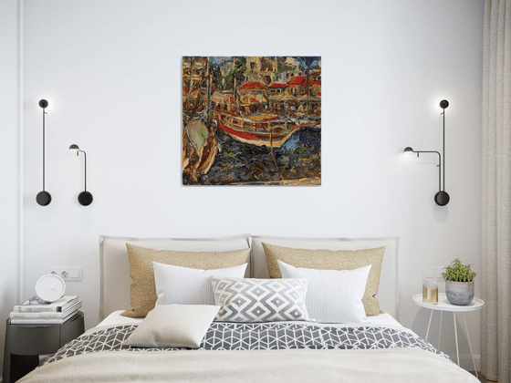 TURKEY BOATS - landscape, original oil painting, seascape, boat, waterscape, marina,  yachting, home hotel office decor, gift for him  65x70