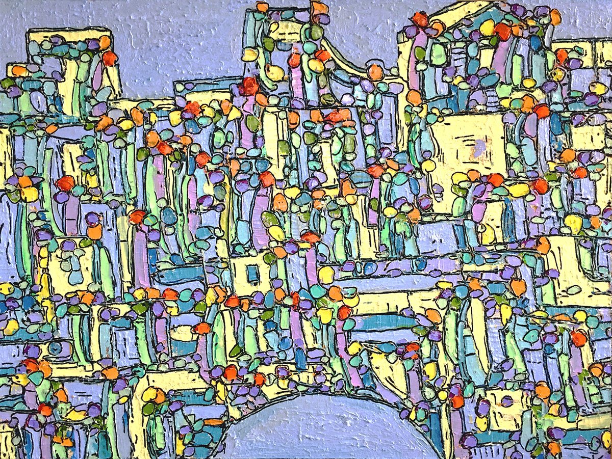 Naive Cityscapes Oil Painting By Ann Parks Mccray, 40 X 30, Block Party, Original Artwork