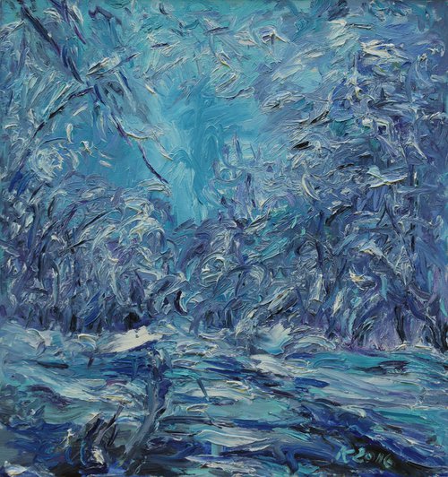 RELICT FOREST IN SAMUR. WINTER RHAPSODY - Landscape, original oil painting, winter, snow, forest, wood, plant, tree, blue, white, Christmas gift 95x90 by Karakhan