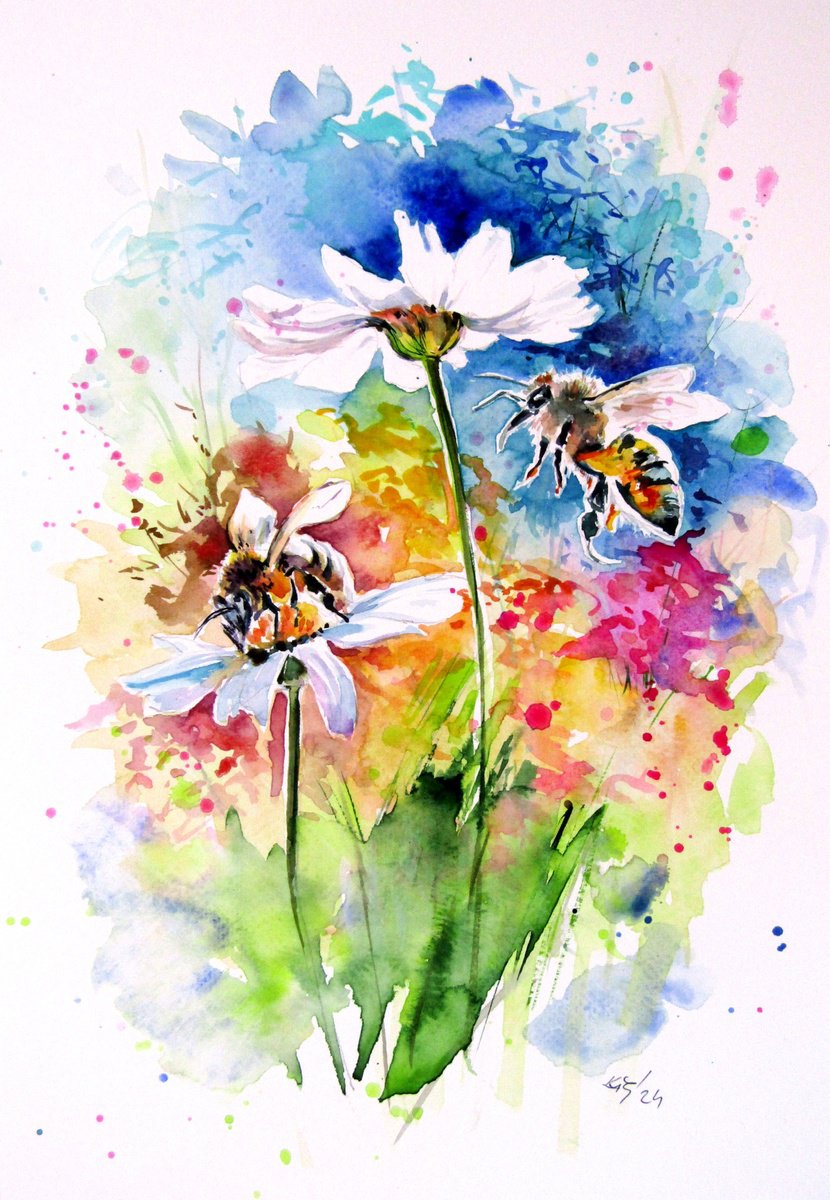 Impressionistic Animal Watercolour By Kovacs Anna Brigitta, 10 X 15", Bees And Flowers, Original Artwork
