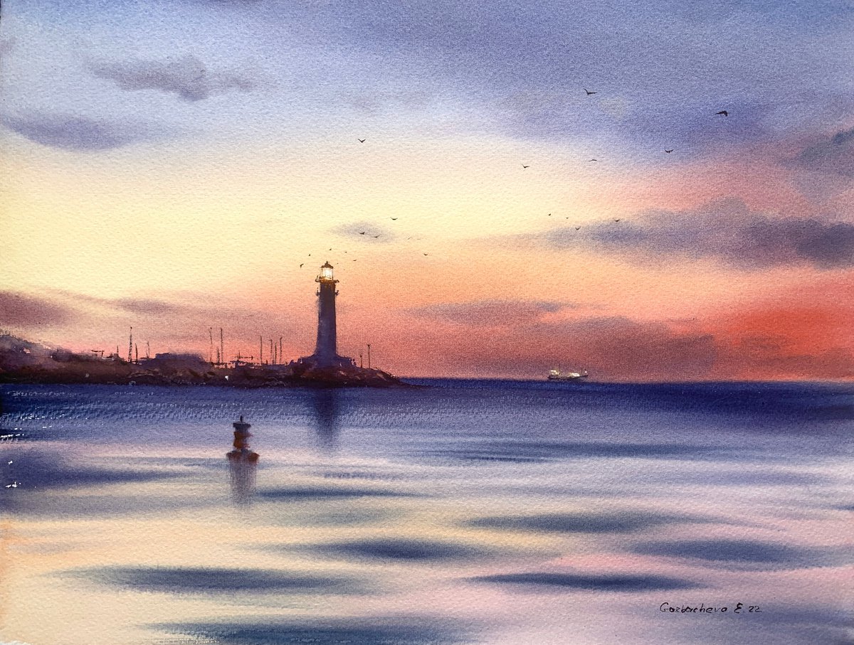 Impressionistic Landscape Watercolour By Eugenia Gorbacheva, 16 X 12, Lighthouse At Sunset, Original Artwork