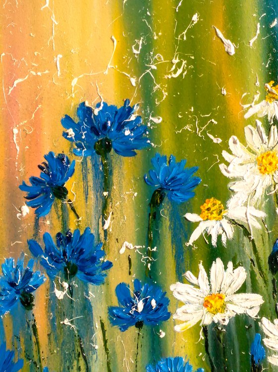 Daisy Painting Floral Original Art Cornflowers Oil Artwork Camomile Painting Meadow Wild Flowers Home Wall Art 12 by 20" by Halyna Kirichenko