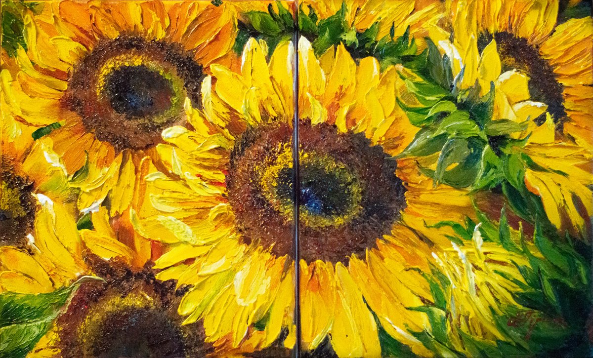 Impressionistic Botanical Oil Painting By Tetiana Tiplova, 24 X 10", Bright Sunflowers, Original Artwork