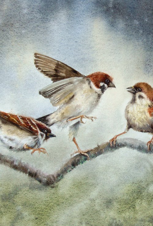 Shakespearean Drama in the Sparrow Theater - Battle the Sparrows by Olga Beliaeva Watercolour