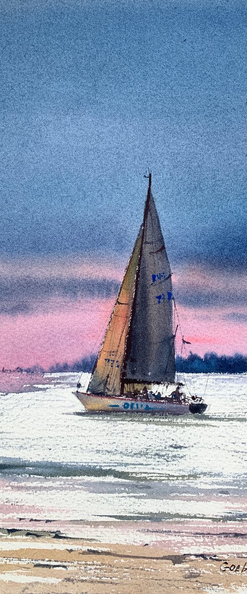 Yacht and pink sunset #2 by Eugenia Gorbacheva