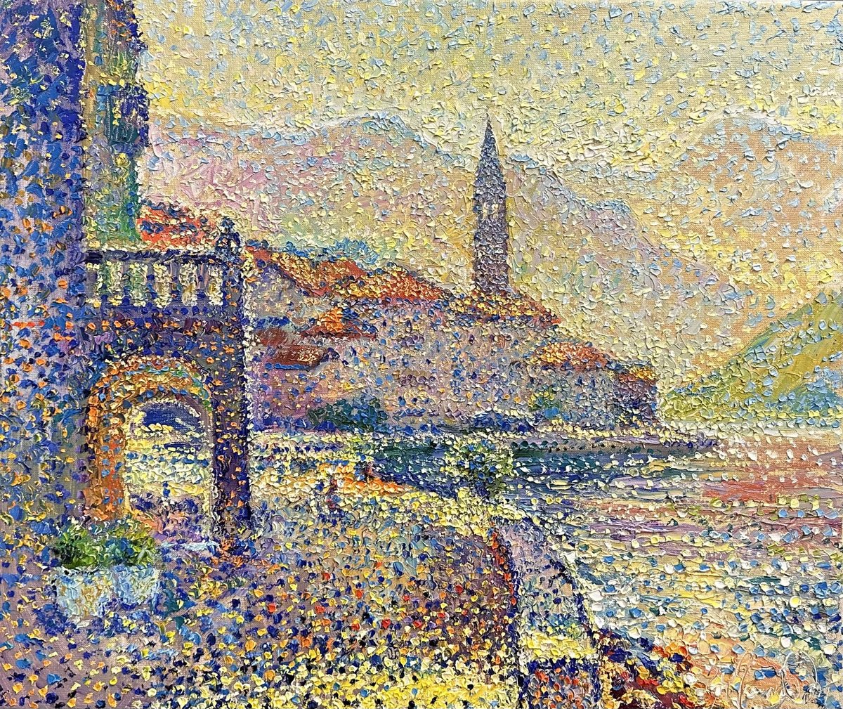 Impressionistic Landscape Oil Painting By Andrii Chebotaru, 26 X 22, - Morning Perast - ?, Original Artwork