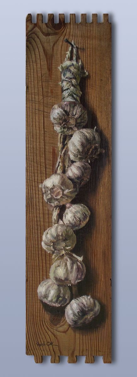 Photorealistic Still Life Oil Painting By Vachagan Manukyan, 5 X 20", Garlic, Original Artwork