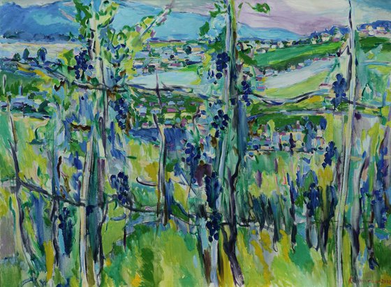 VINEYARD LANDSCAPE - original landscape art, summer plant tree garden grape , large size