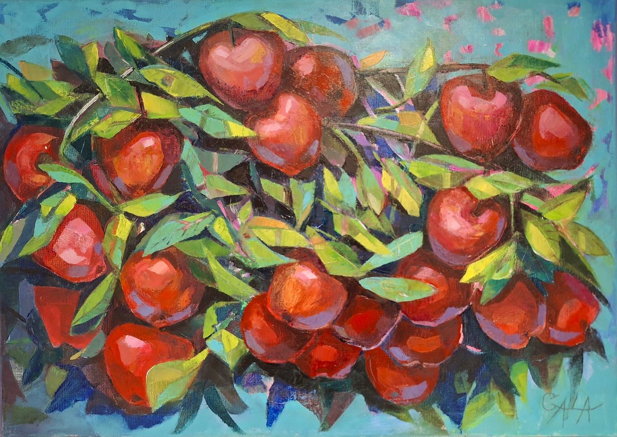 Expressive Still Life Oil Painting By Galya Koleva, 28 X 20, Apples, Original Artwork