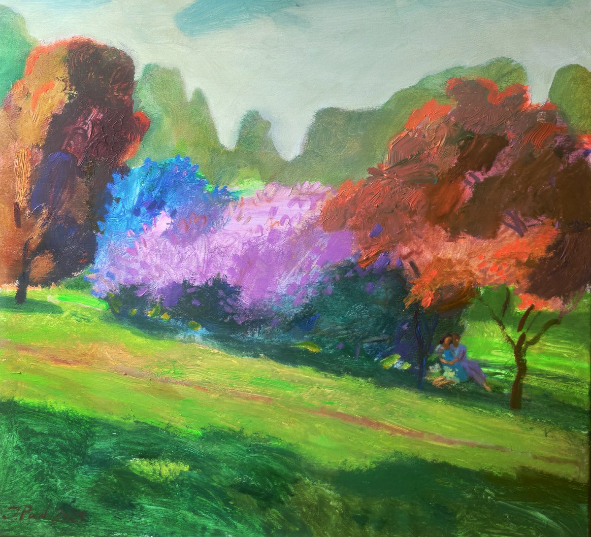 Impressionistic Landscape Acrylic Painting By Inna Pantelemonova, 27 X 25, Lovers In A Blooming Garden, Original Artwork