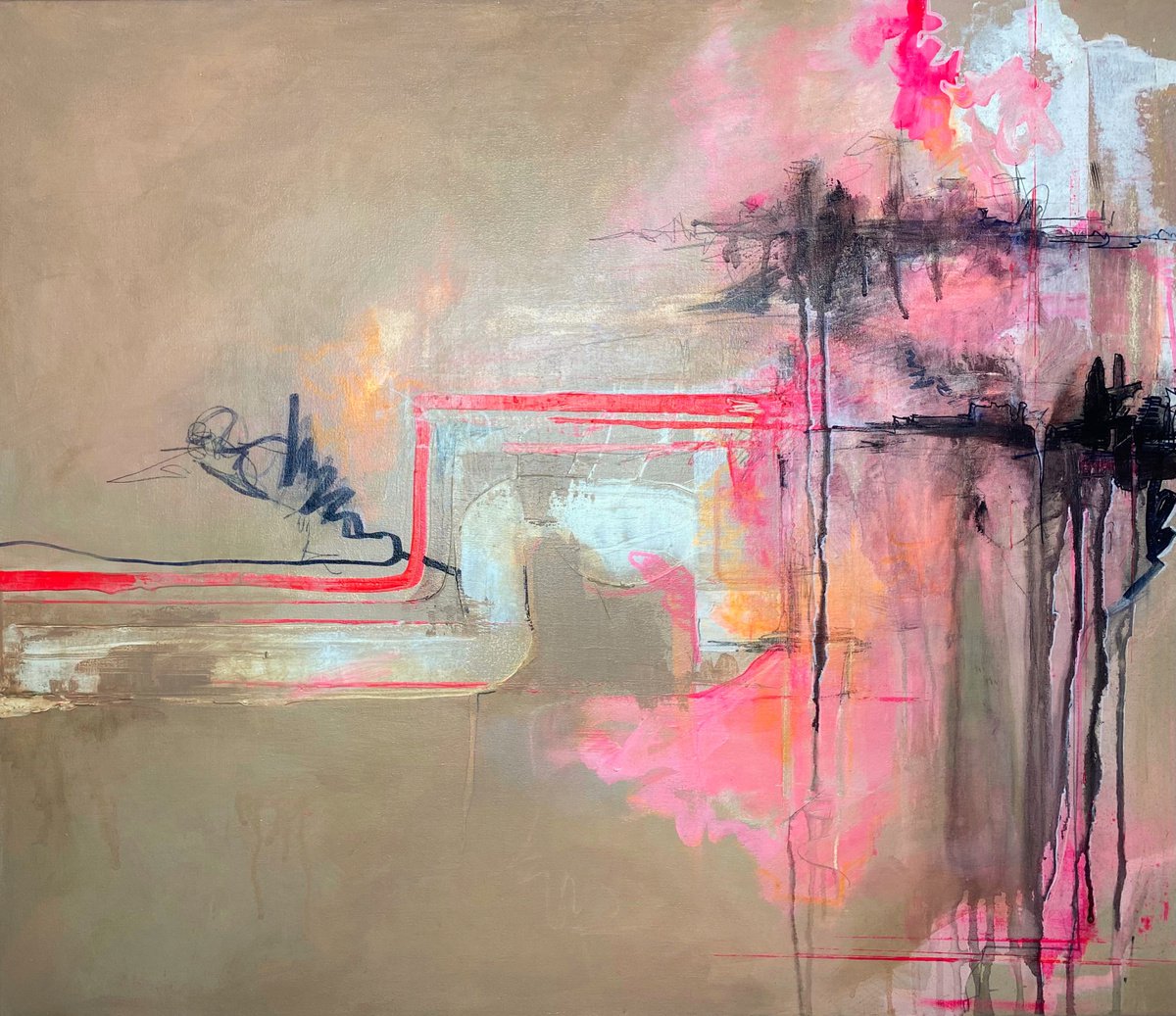 Endorphins beige abstract painting / pink abstract / medium painting / 60*70 cm by Anna Prykhodko