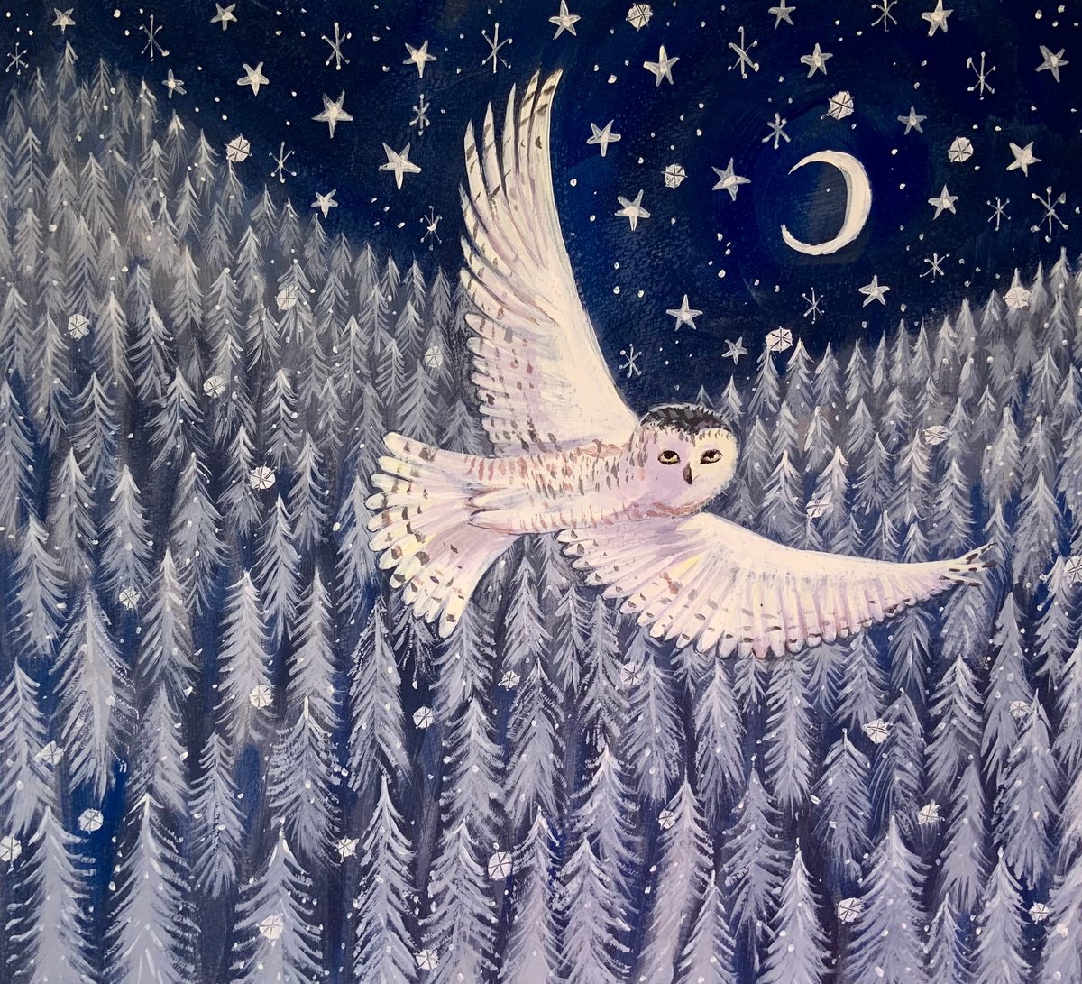 Illustrative Animal Acrylic Painting By Mary Stubberfield, 12 X 11", Snowy Owl, Original Artwork