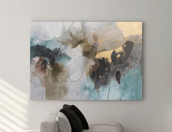 "Twinkle"  Teal gold abstract acrylic art