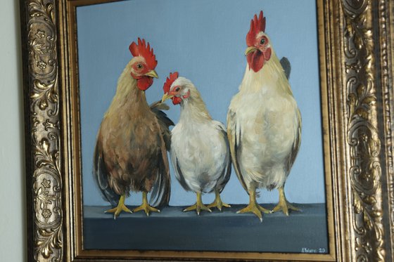 Chickens in a Row, Chicken Painting, Animal Artwork, Nature Wall Decor Framed and Ready to Hang Oil Painting by Alex Jabore Active