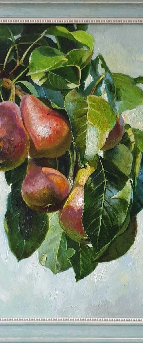 "In the garden of my grandma." pears   liGHt original painting PALETTE KNIFE  GIFT (2019) by Anna Bessonova (Kotelnik)