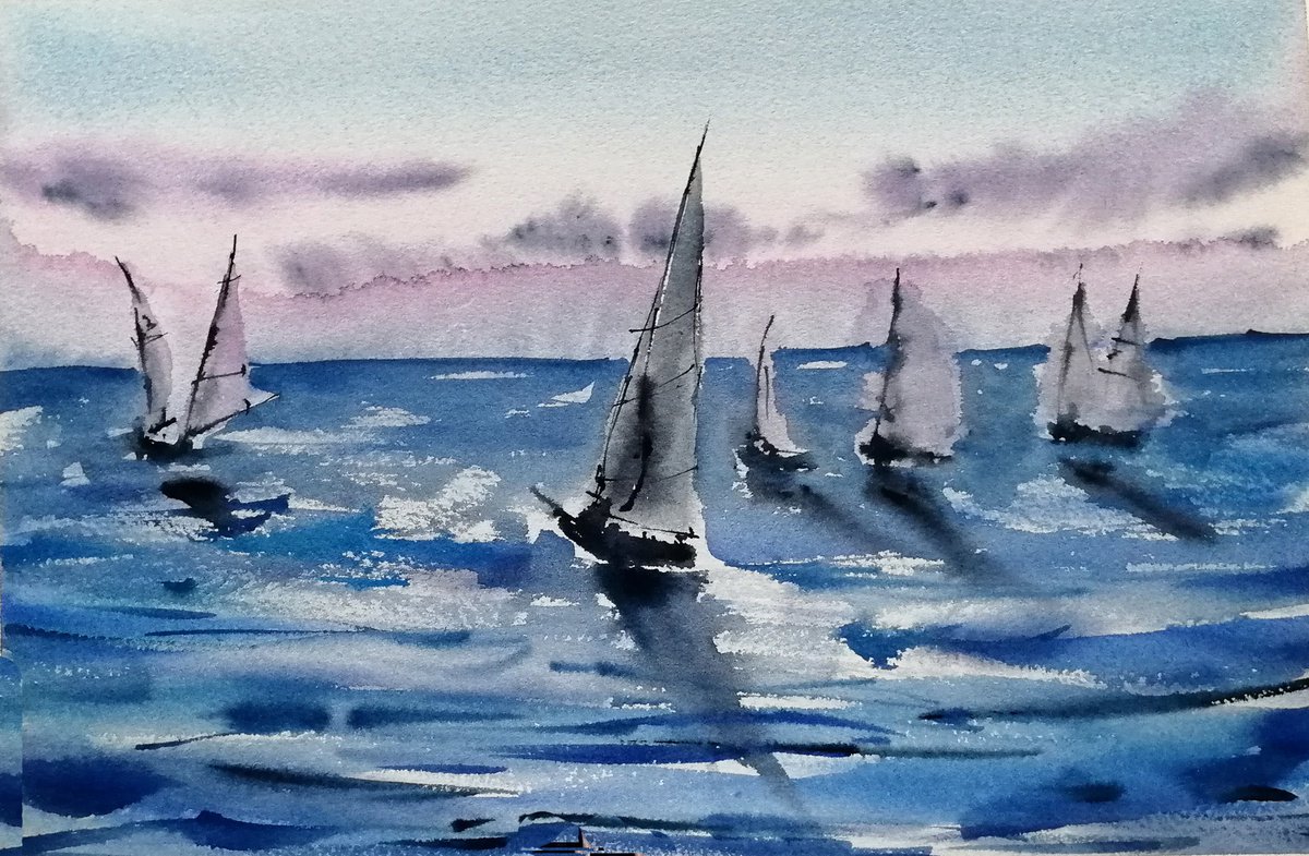 Sailboat sketch painting. Seascape by Marina Zhukova
