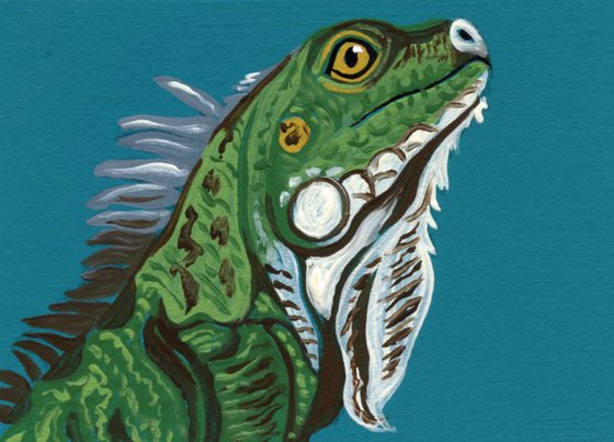 ACEO ATC Original Miniature Painting Green Iguana Lizard  Wildlife Art-Carla Smale