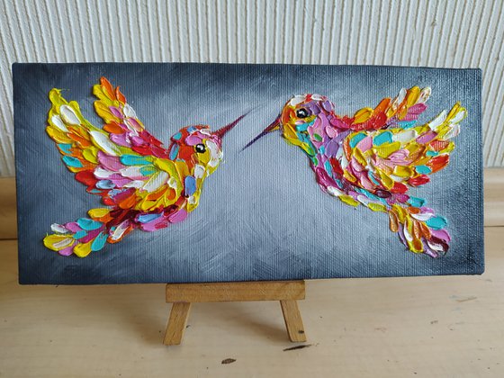 Love - hummingbirds, oil painting, hummingbird, birds, love, animals oil painting, art bird, impressionism, palette knife, gift.