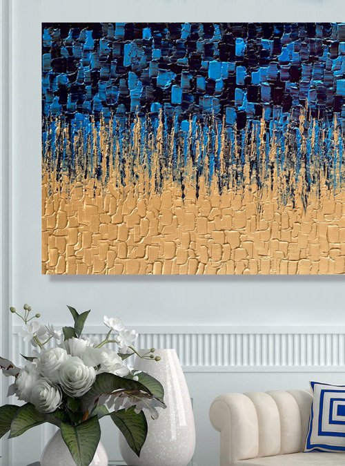 Blue & Gold Cascade - LARGE,  TEXTURED, PALETTE KNIFE ABSTRACT ART – EXPRESSIONS OF ENERGY AND LIGHT. READY TO HANG! by Julijana Ravbar