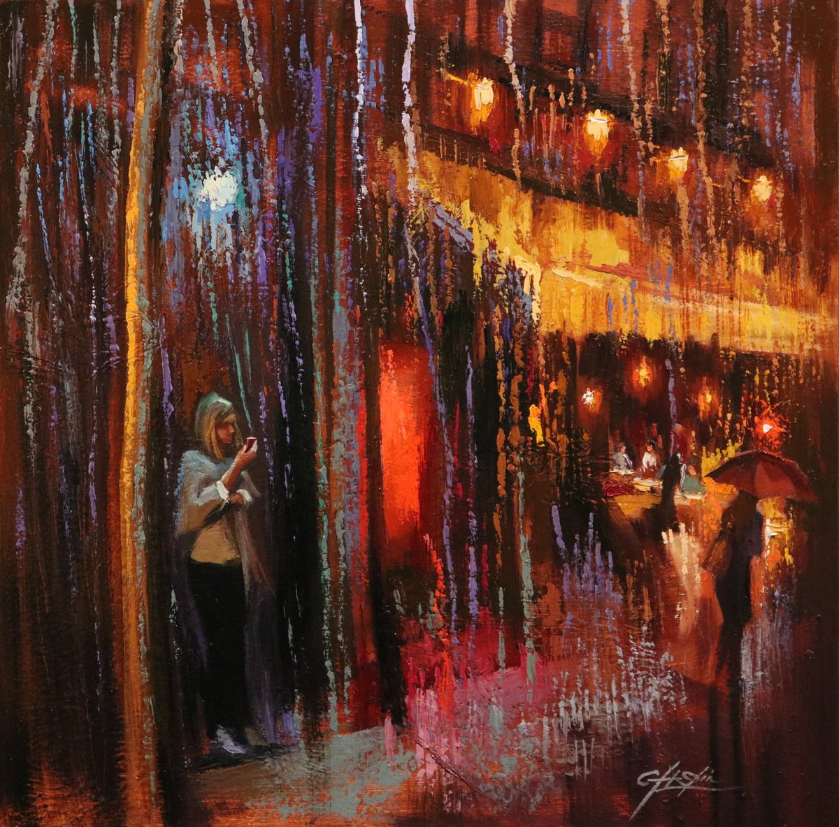 Expressive Oil Painting , Streets Of Soho In Rain By Chin H Shin, 24 X 24, Artwork For Sale On Artfinder